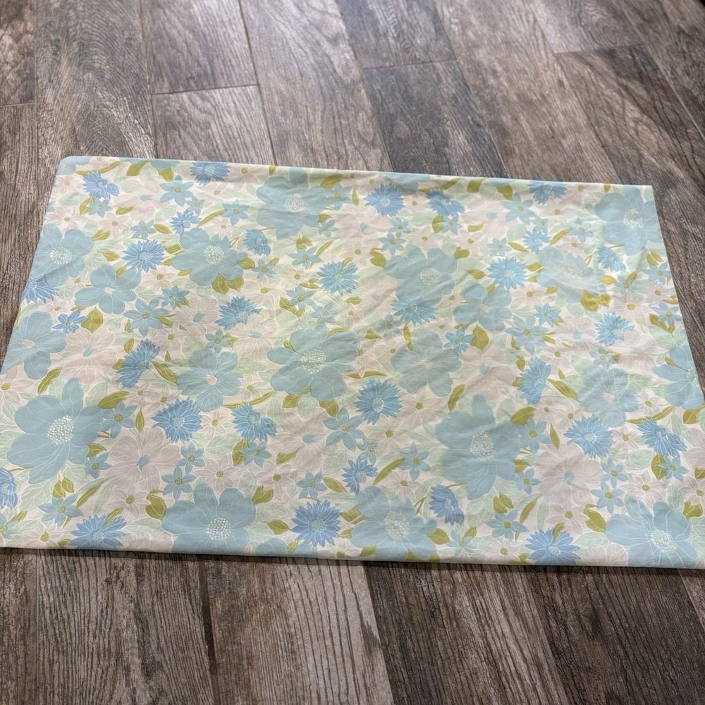 Vtg 1960s 1970s‎ Flower Power Standard Pillowcase Blue Green Floral Percale MCM